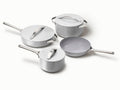 Caraway ceramic cookware set in Gray with four pans, three matching lids.