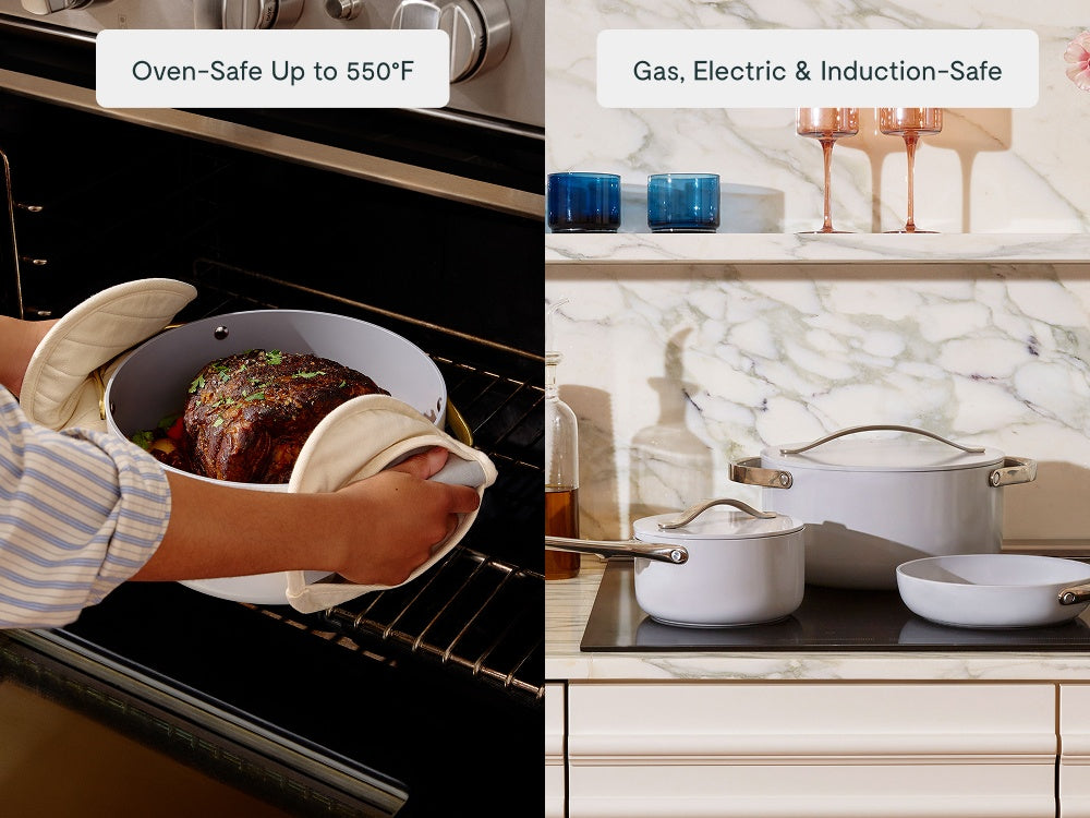 Caraway Gray ceramic cookware in an oven and on a stovetop. Oven-safe up to 550°F and compatible with gas, electric, and induction cooktops.