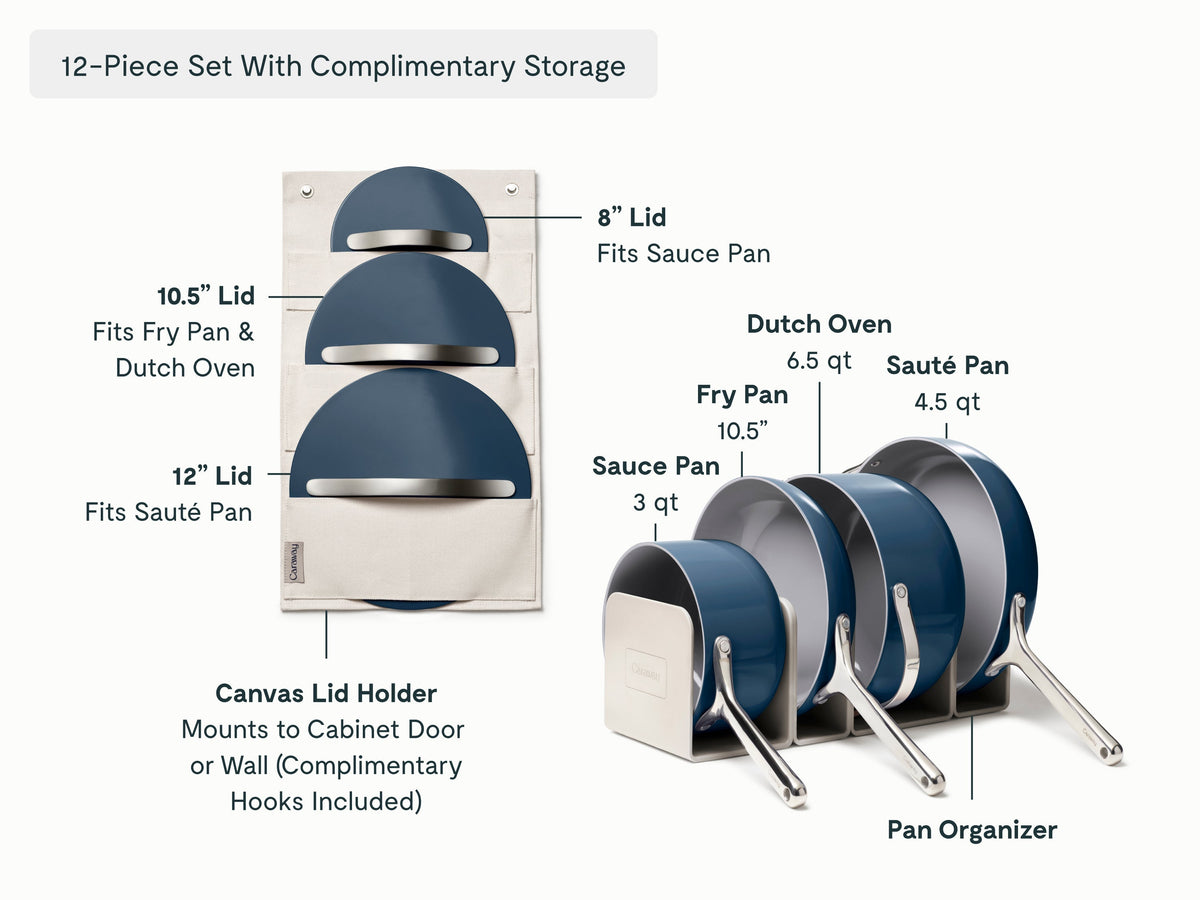 Caraway Navy ceramic cookware set: 10.5-inch fry pan, 3-quart sauce pan, 4.5-quart sauté pan, and 6.5-quart Dutch oven. Includes an 8-inch sauce pan lid, 10.5-inch fry pan/Dutch oven lid, 12-inch sauté pan lid, pan organizers, and a canvas lid holder that mounts to a cabinet door or wall with included hooks.
