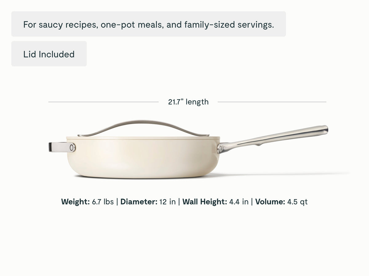 Caraway Cream ceramic sauté pan dimensions. length: 21.7 in; diameter: 12 in; wall height: 4.4 in; capacity: 4.5 qt.