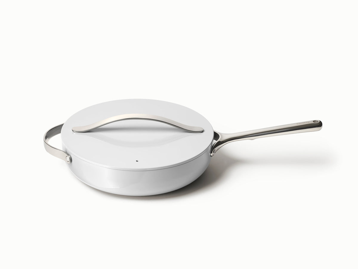 Caraway ceramic sauté pan in Gray with a matching lid.