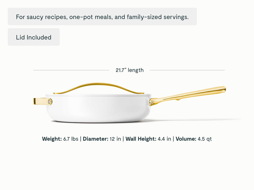 Caraway White ceramic sauté pan dimensions. length: 21.7 in; diameter: 12 in; wall height: 4.4 in; capacity: 4.5 qt.