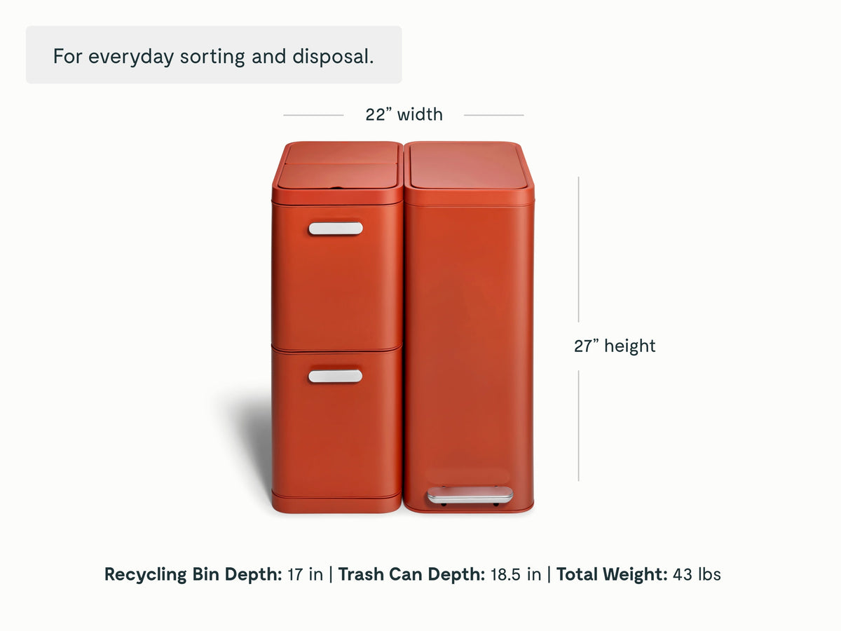 Caraway Clay slim trash can and two-drawer recycling bin dimensions: 22 inches combined width and 27 inches high; bin depths of 18.5 and 17 inches.
