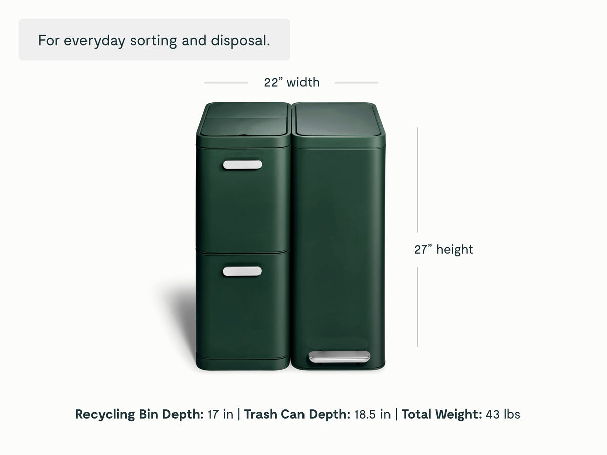 Caraway Emerald slim trash can and two-drawer recycling bin dimensions: 22 inches combined width and 27 inches high; bin depths of 18.5 and 17 inches.