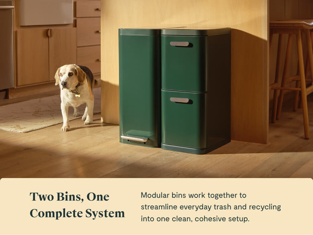 Caraway emerald slim trash can and two-drawer recycling bin beside a kitchen island and a dog.