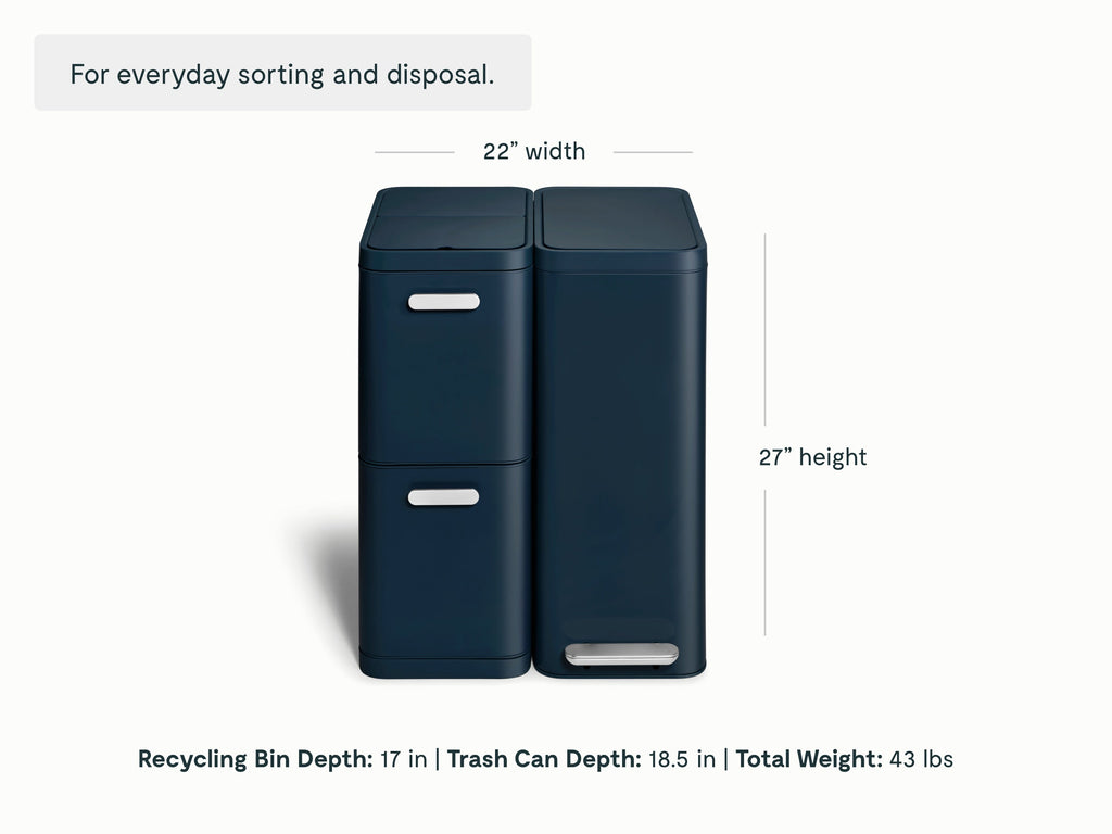 Caraway Midnight slim trash can and two-drawer recycling bin dimensions: 22 inches combined width and 27 inches high; bin depths of 18.5 and 17 inches.