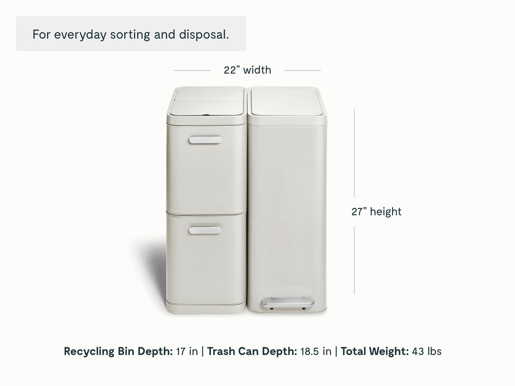 Caraway Stone slim trash can and two-drawer recycling bin dimensions: 22 inches combined width and 27 inches high; bin depths of 18.5 and 17 inches.