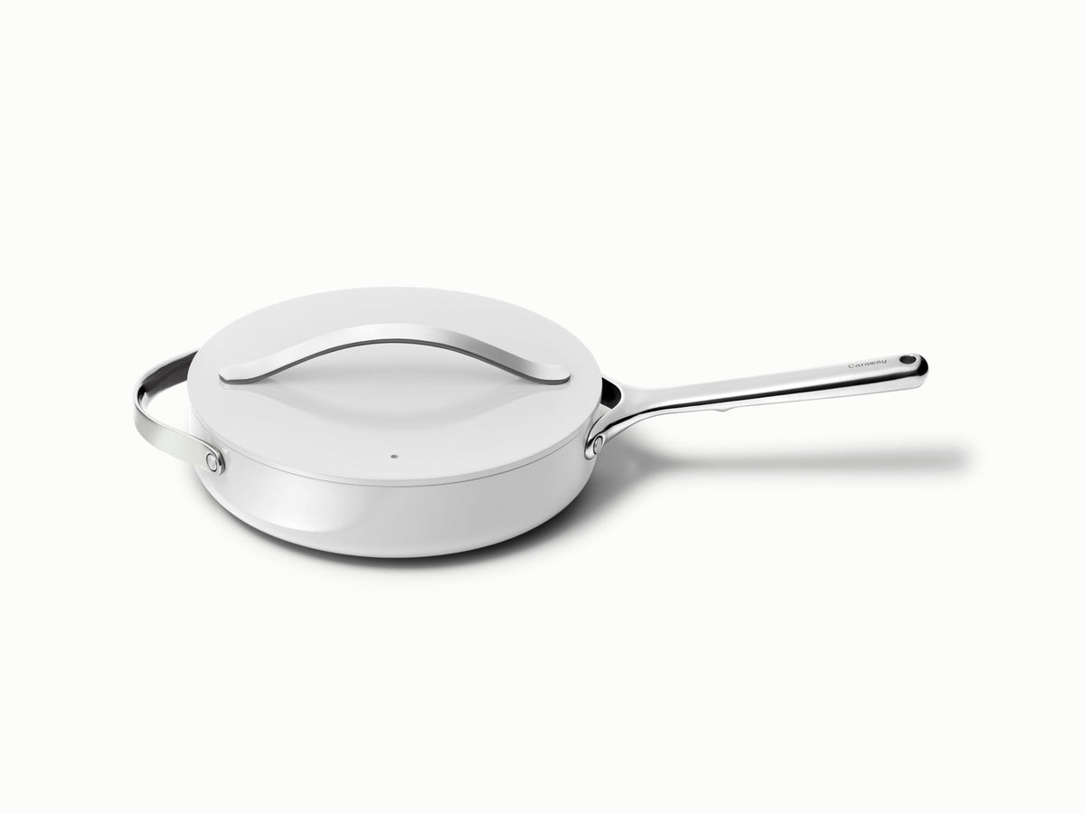 Caraway ceramic small sauté pan in Gray with a matching lid.