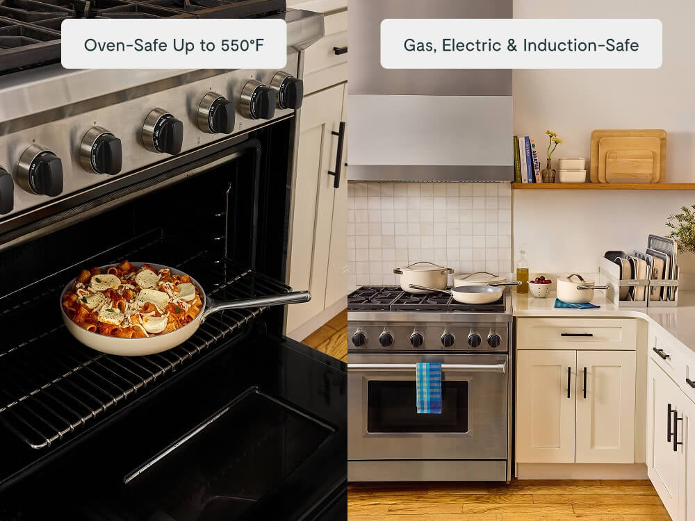 Caraway ceramic fry pan baking in an oven beside a view of cookware on a stove.