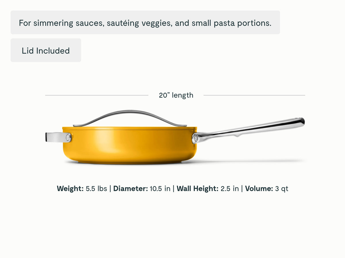 Caraway Marigold ceramic small sauté pan dimensions. length: 20 in; diameter: 10.5 in; wall height: 2.5 in; capacity: 3 qt.