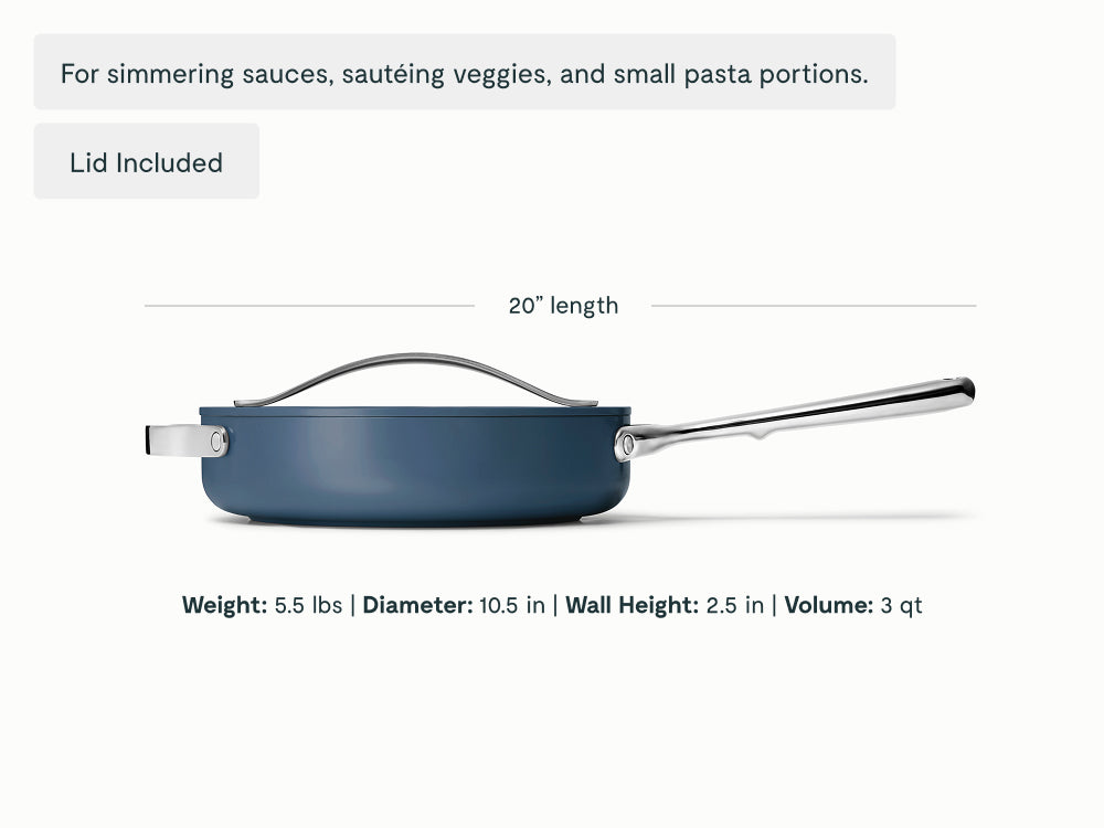 Caraway Navy ceramic small sauté pan dimensions. length: 20 in; diameter: 10.5 in; wall height: 2.5 in; capacity: 3 qt.