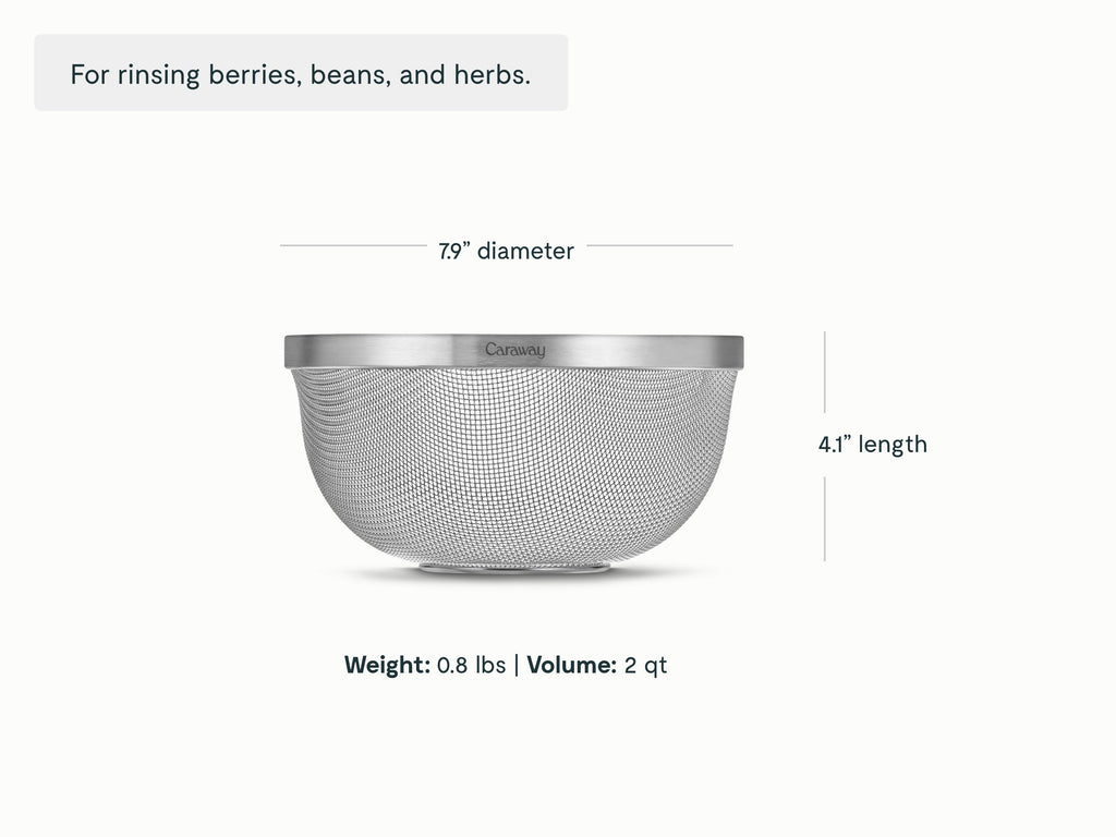 Caraway small stainless steel strainer dimensions. length: 4.1 in; capacity: 2 qt.