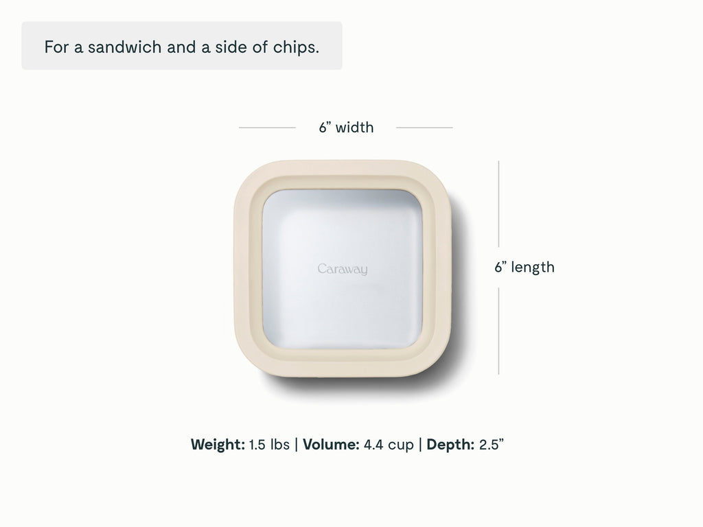 Caraway Cream small storage container dimensions. width: 6 in; length: 6 in; capacity: 4.4 cup; depth: 2.5 in.