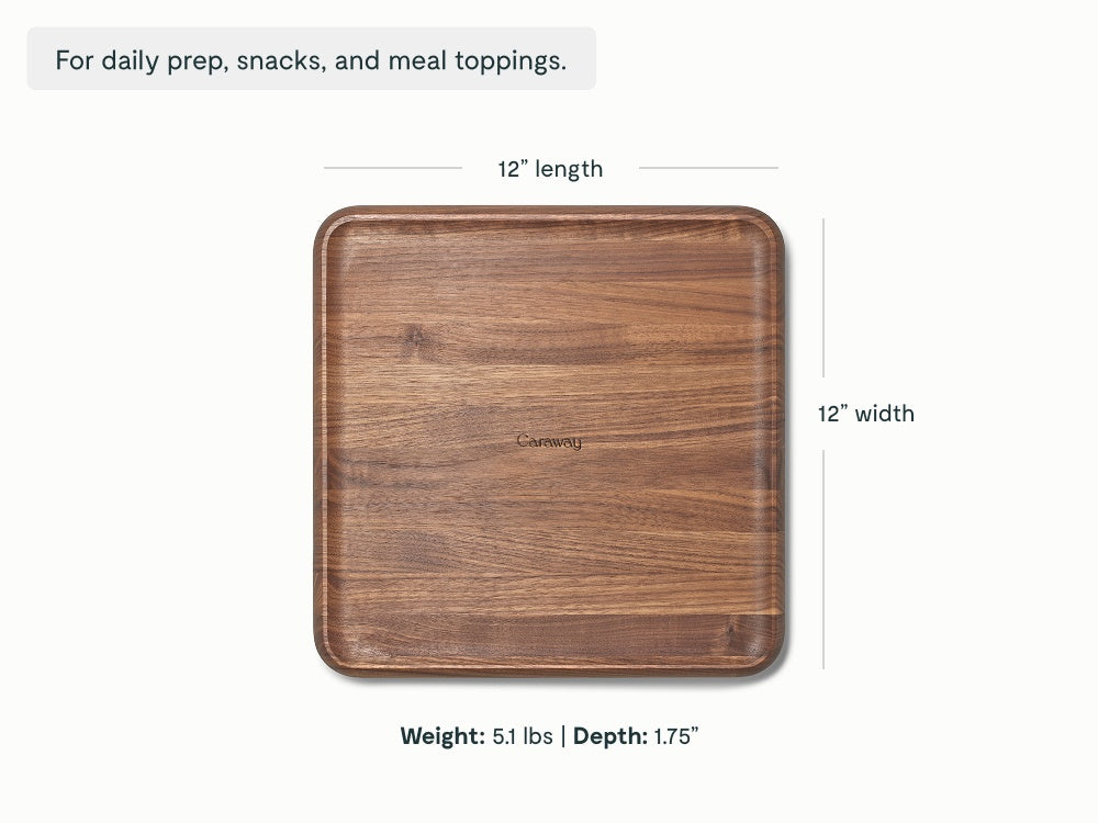 Caraway Walnut wooden 12” prep & serve butcher block dimensions. length: 12 in; width: 12 in; depth: 1.75 in.