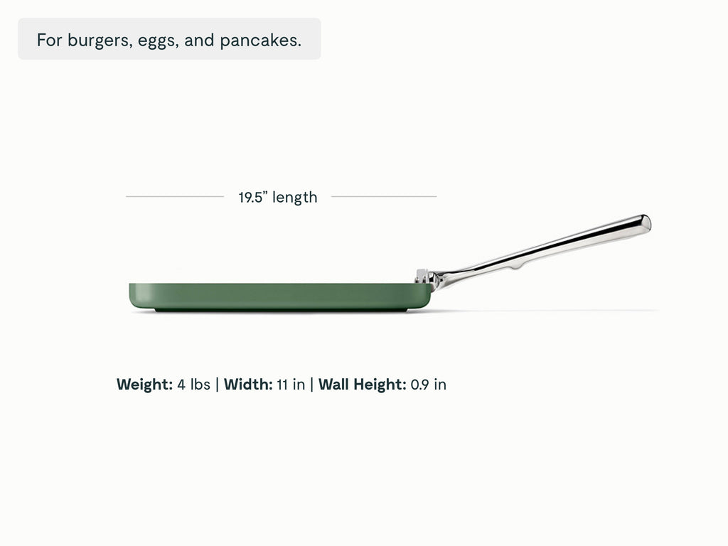 Caraway Sage ceramic square griddle pan dimensions. length: 19.5 in; width: 11 in; wall height: 0.9 in.