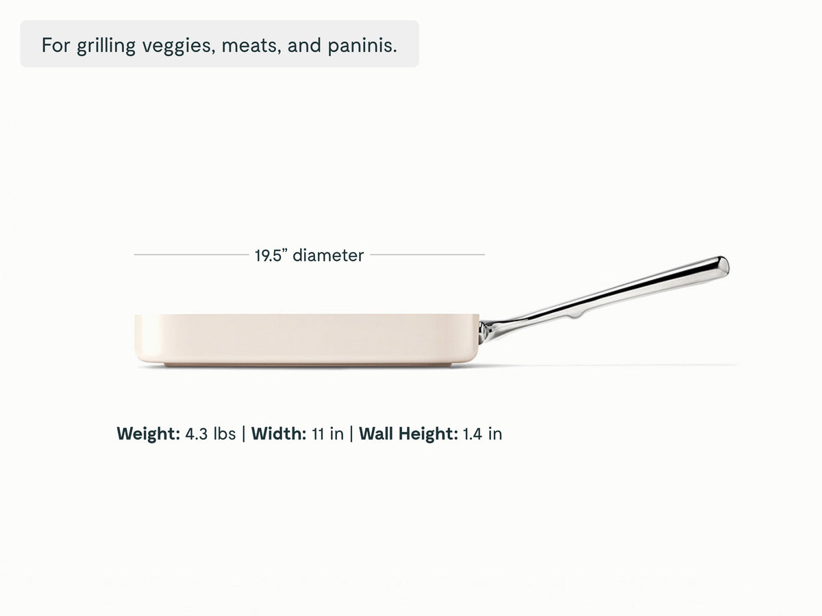 Caraway Cream ceramic square grill pan dimensions. length: 19.5 in; width: 11 in; wall height: 1.4 in.