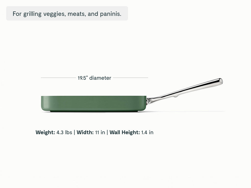 Caraway Sage ceramic square grill pan dimensions. length: 19.5 in; width: 11 in; wall height: 1.4 in.