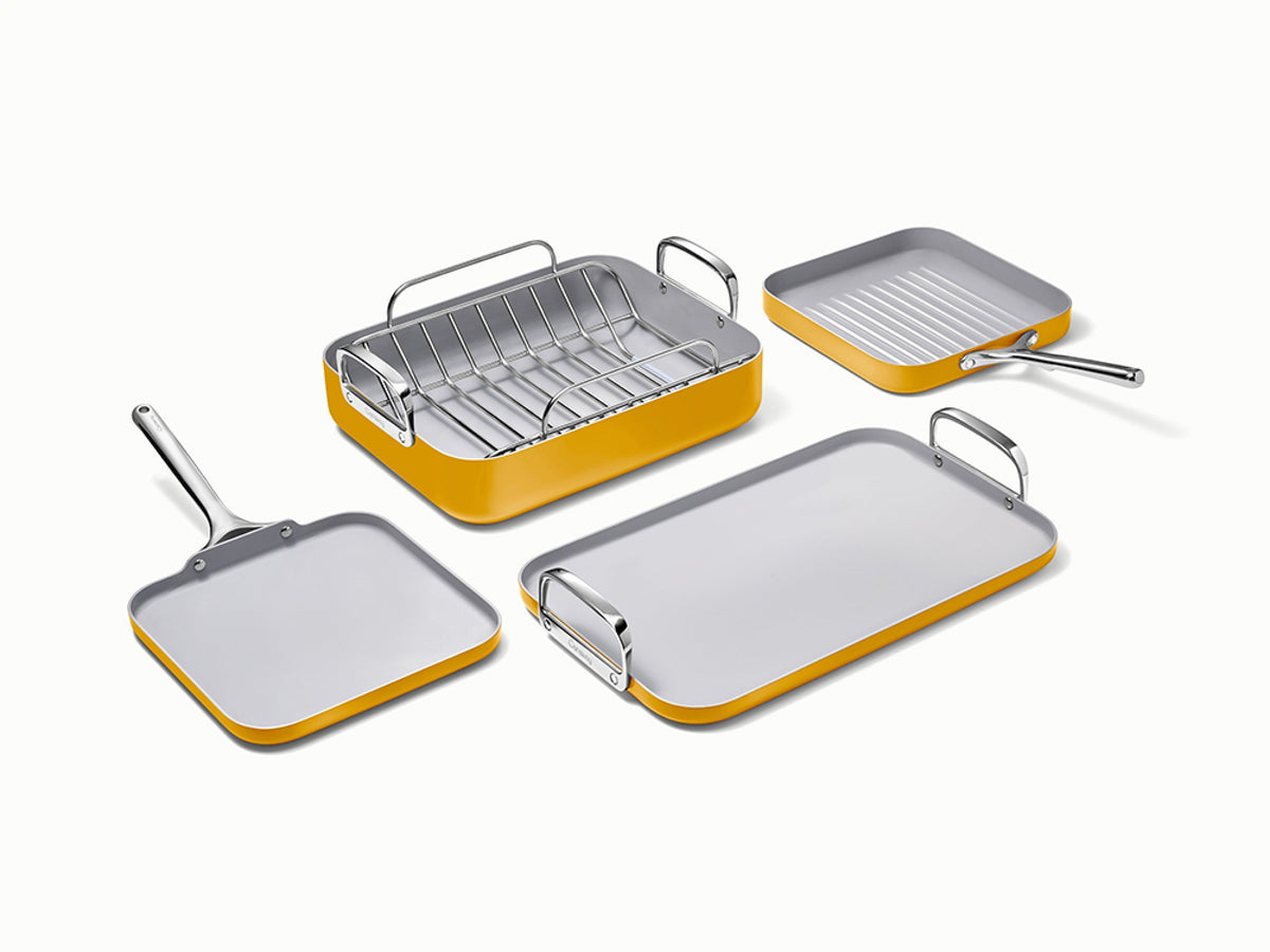 Caraway squareware set in Marigold.