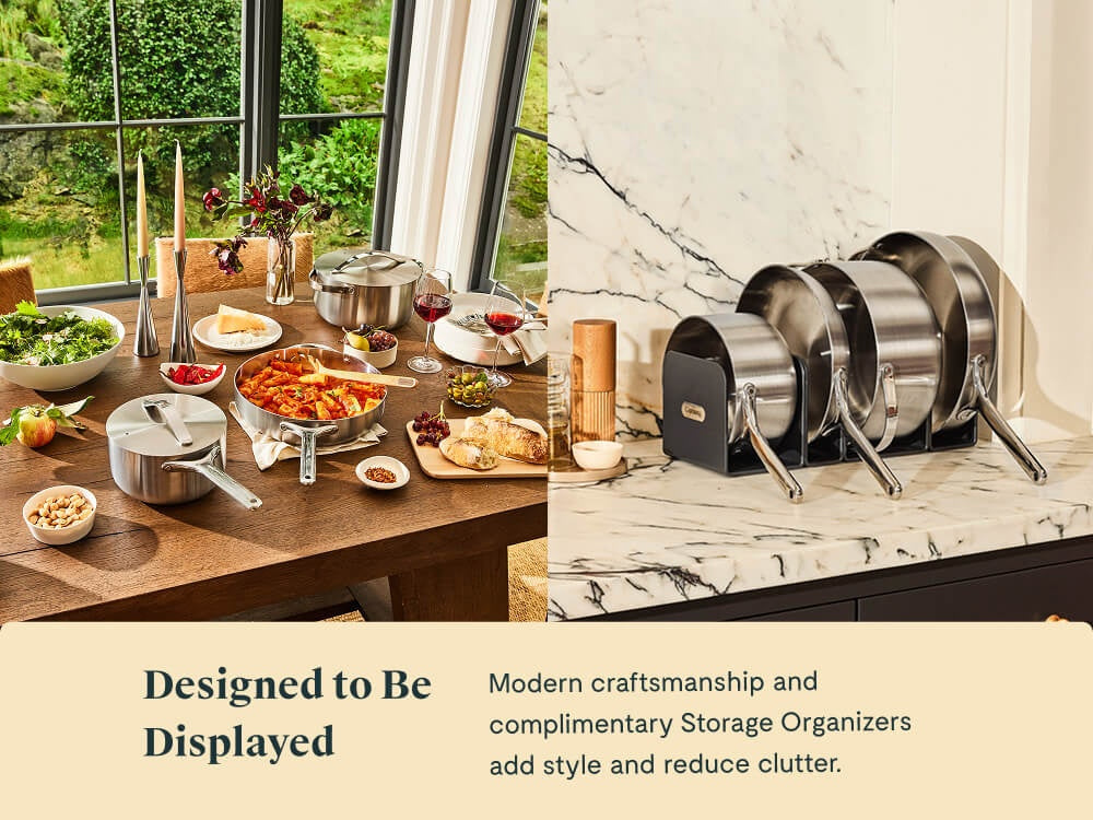 Caraway stainless steel cookware serving a meal and stored upright in pan organizers.