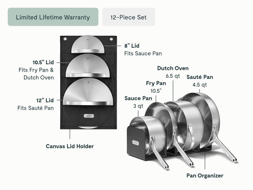 Caraway stainless steel cookware set with four pans, three lids, pan organizers, and a hanging lid holder; labeled sizes and capacities.