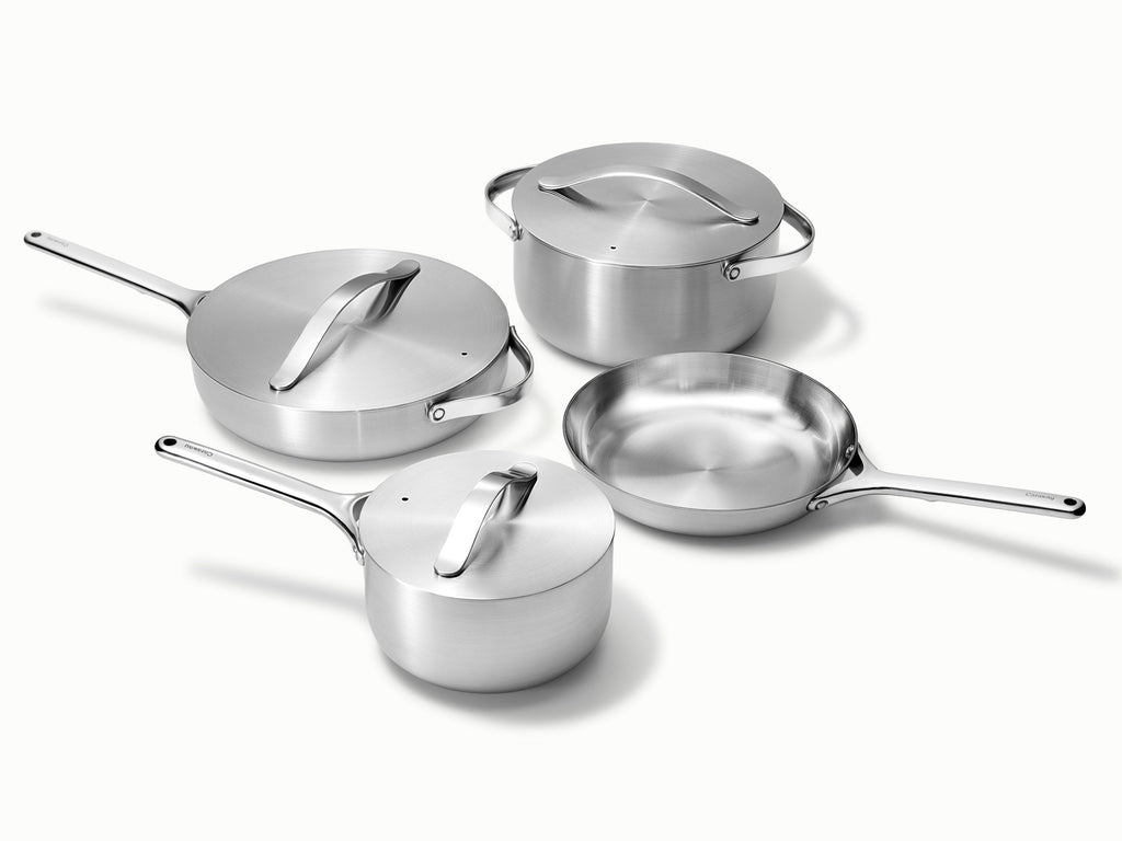 Caraway stainless steel cookware set.