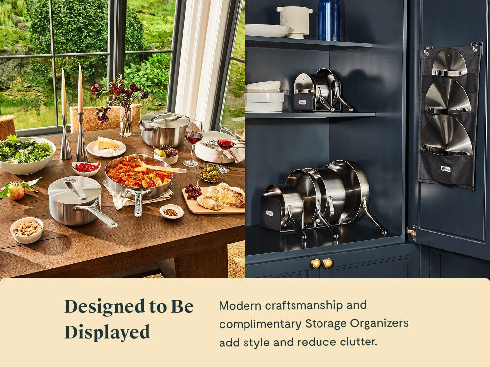 Caraway stainless steel cookware serving a meal and stored inside a cabinet with pan and lid organizers.