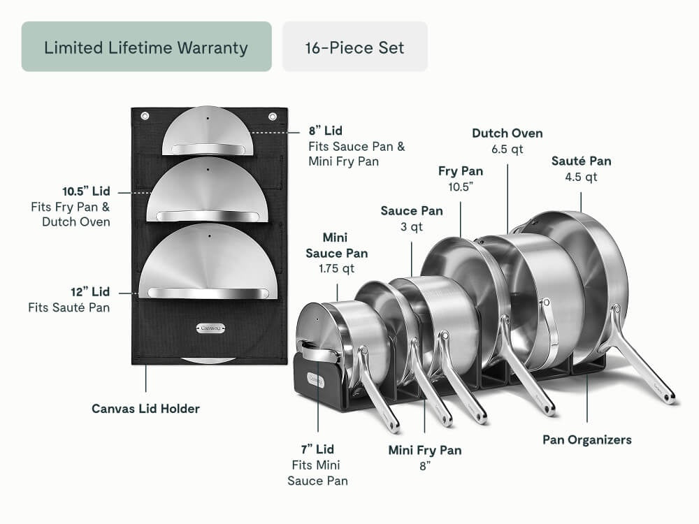 Caraway deluxe stainless steel cookware set with six pans, four lids, pan organizers, and a hanging lid holder; labeled sizes and capacities.