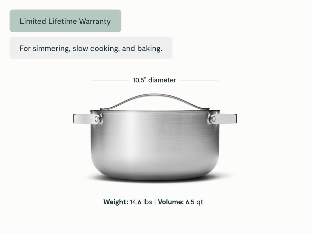 Caraway stainless steel dutch oven dimensions. diameter: 10.5 in; capacity: 6.5 qt.