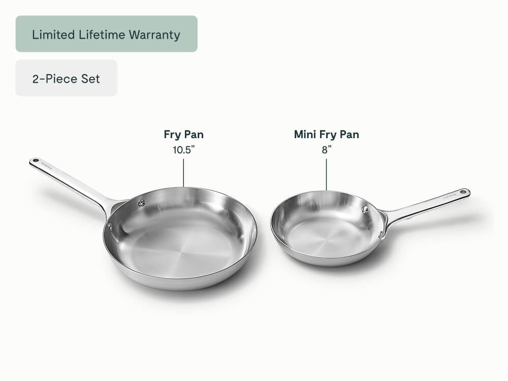 Two stainless steel fry pans labeled 10.5 inches and 8 inches.