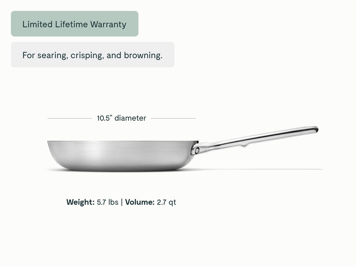 Caraway stainless steel fry pan dimensions. diameter: 10.5 in; capacity: 2.7 qt.