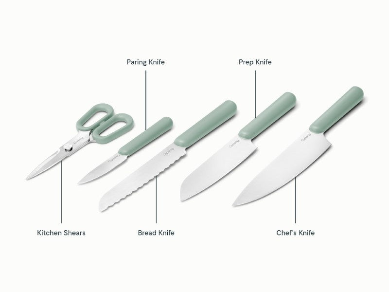 Caraway pale green kitchen knives and shears shown with component labels.