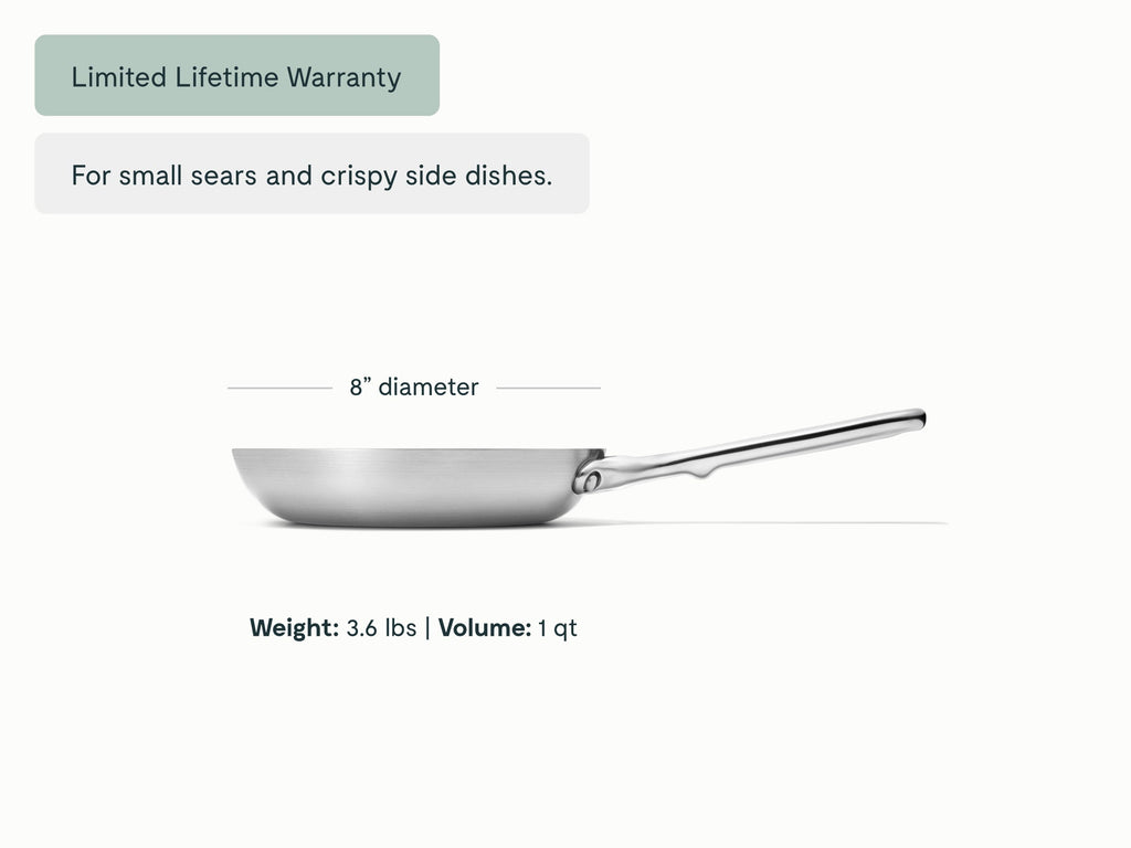 Caraway stainless steel mini fry pan dimensions. diameter: 8 in; capacity: 1 qt.