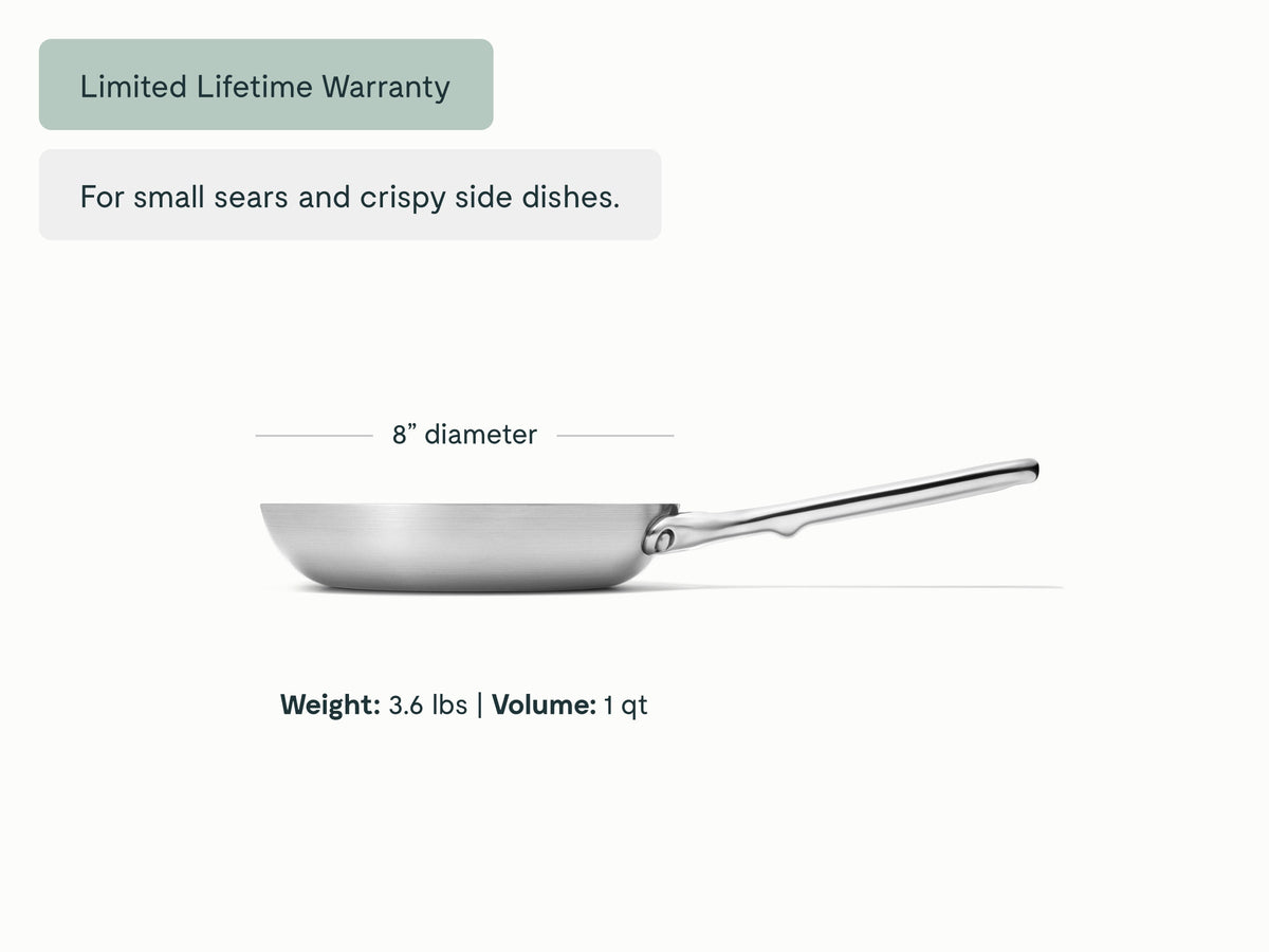Caraway stainless steel mini fry pan dimensions. diameter: 8 in; capacity: 1 qt.