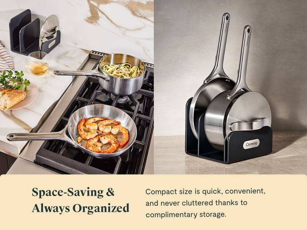 Caraway stainless steel mini cookware cooking food and stored upright in an organizer.