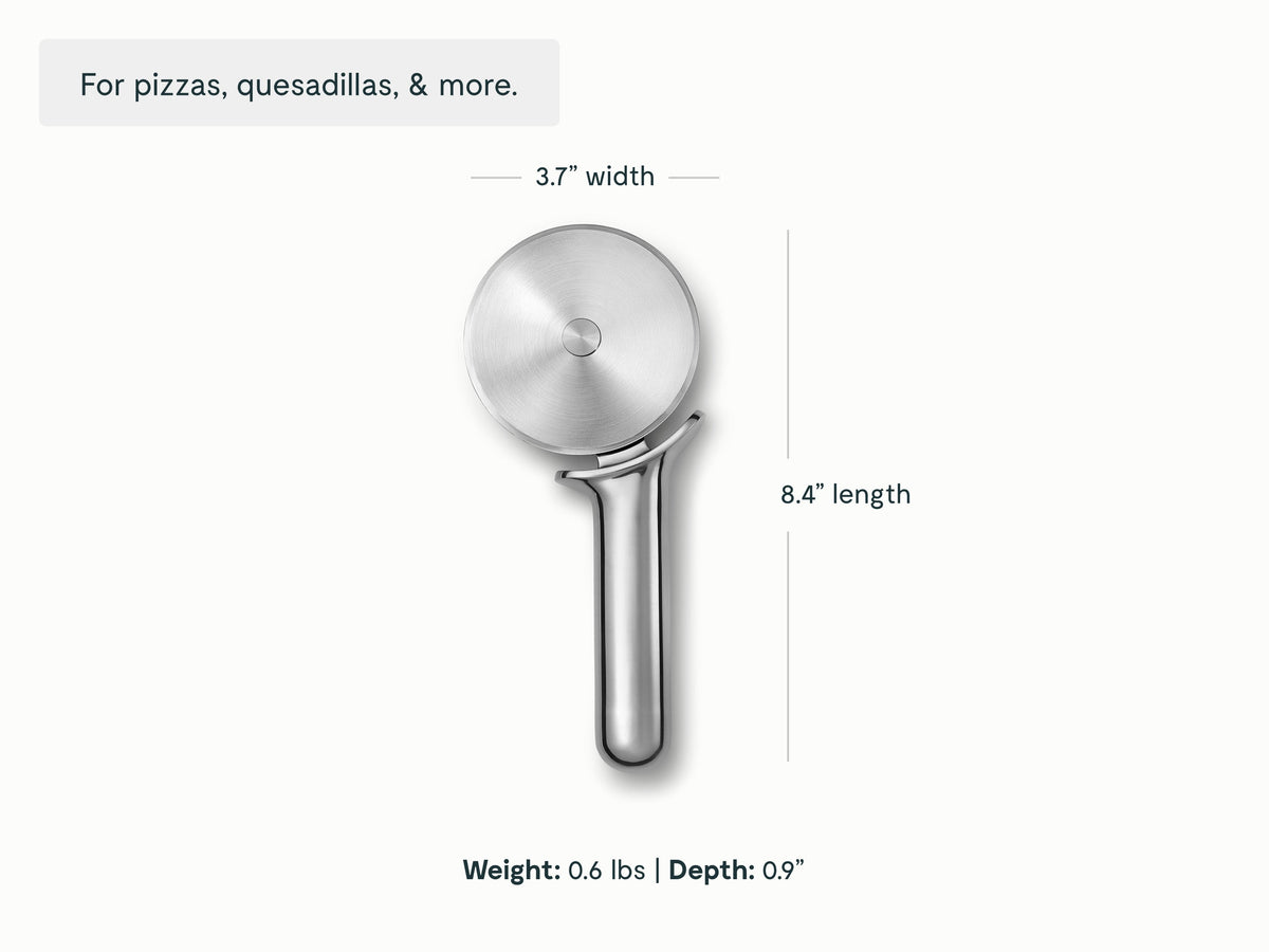 Caraway stainless steel pizza cutter dimensions. width: 3.7 in; length: 8.4 in; depth: 0.9 in.