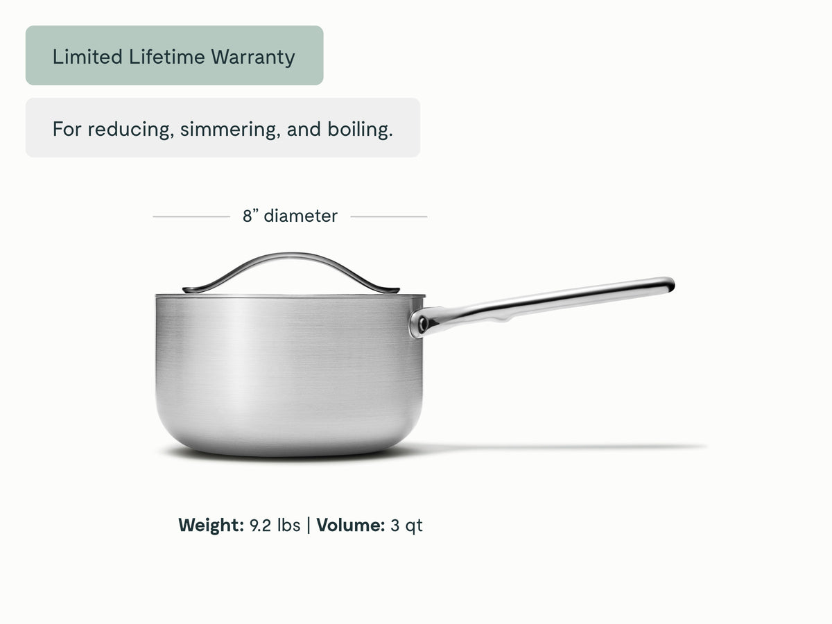 Caraway stainless steel sauce pan dimensions. diameter: 8 in; capacity: 3 qt.