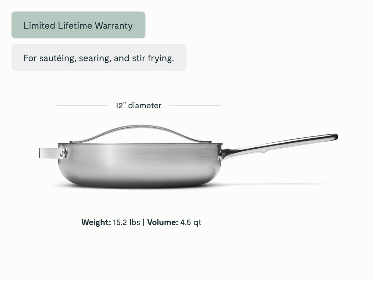 Caraway stainless steel sauté pan dimensions. diameter: 12 in; capacity: 4.5 qt.