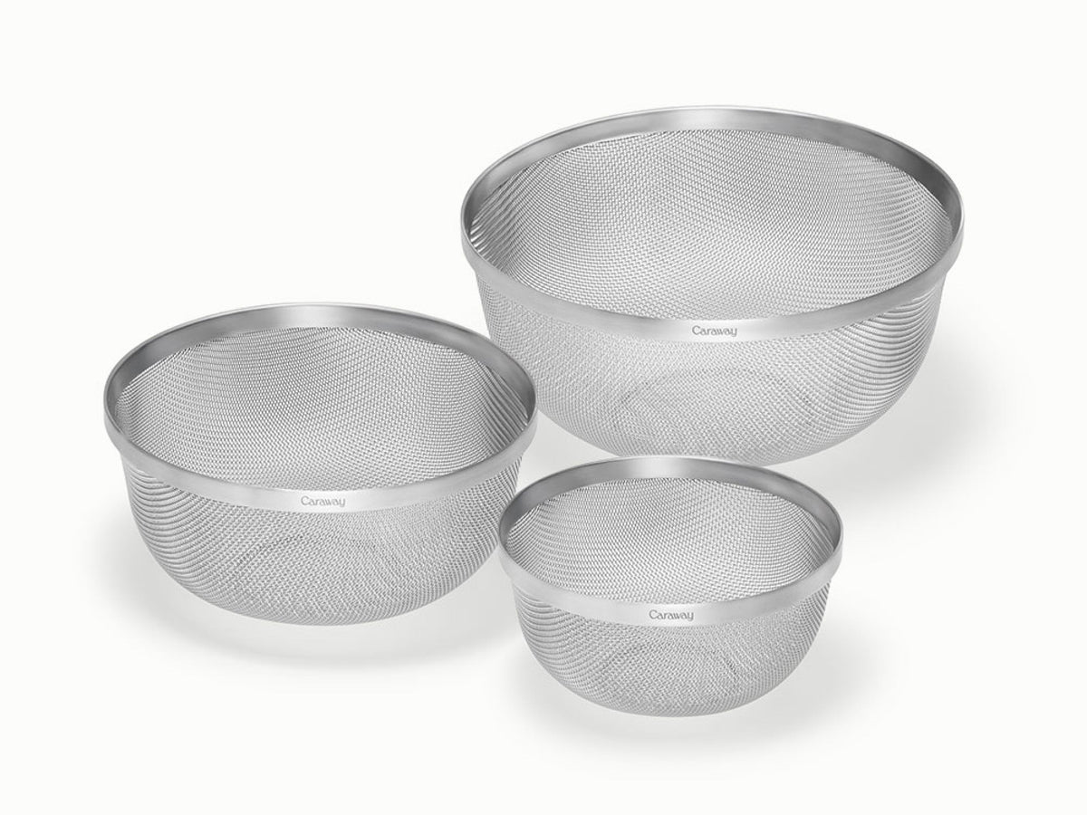 Caraway stainless steel mesh strainers in three sizes.