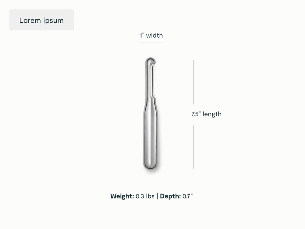 Caraway stainless steel vegetable peeler dimensions. width: 1 in; length: 7.5 in; depth: 0.7 in.